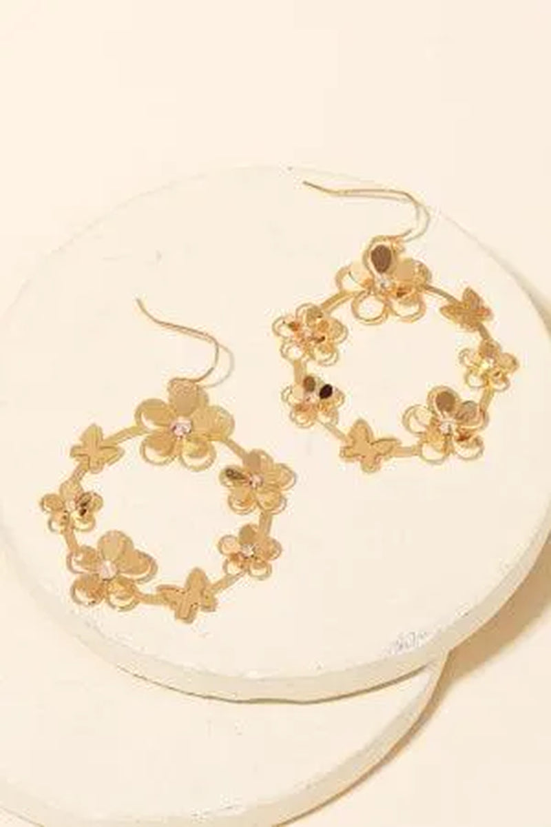 Circle Flower Butterfly Rhinestone Filigree Earrings