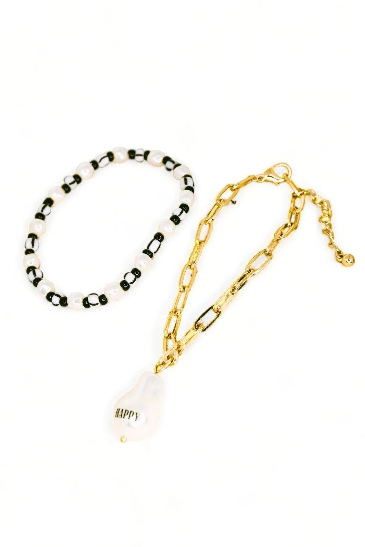 Happy Acrylic Pearl Charm Beaded Bracelet Set