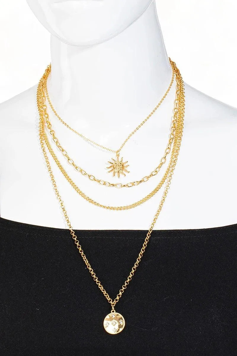 Layered Chain Sun Pendant Necklace & Ball Earring Set