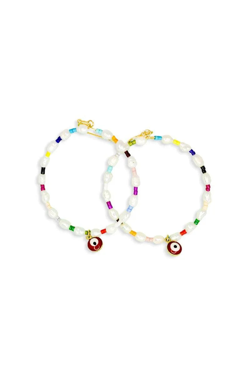 Evil Eye Stone Pearl with Seed Beads Metal Hoop Earrings