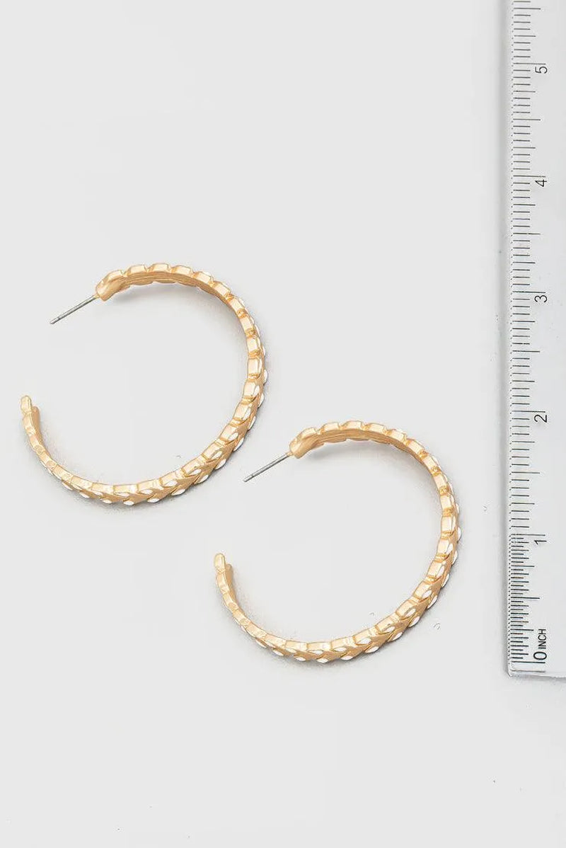 Coated Leaf Accent Metallic Chevron Hoop Earrings