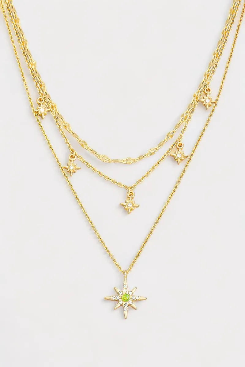 Layered Metal Chain Rhinestone Star Charm Necklace