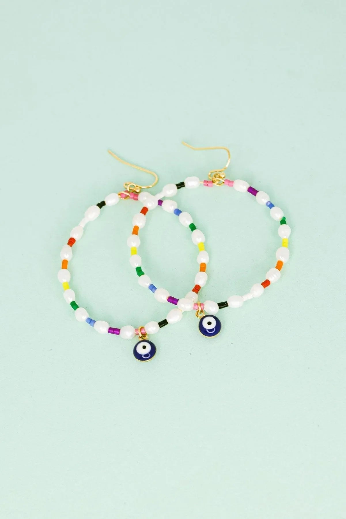 Evil Eye Stone Pearl with Seed Beads Metal Hoop Earrings