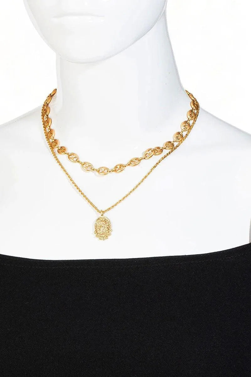 Layered Mariner Chain Pendant Necklace Stud Earring Set