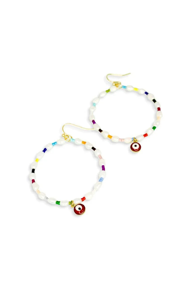Evil Eye Stone Pearl with Seed Beads Metal Hoop Earrings