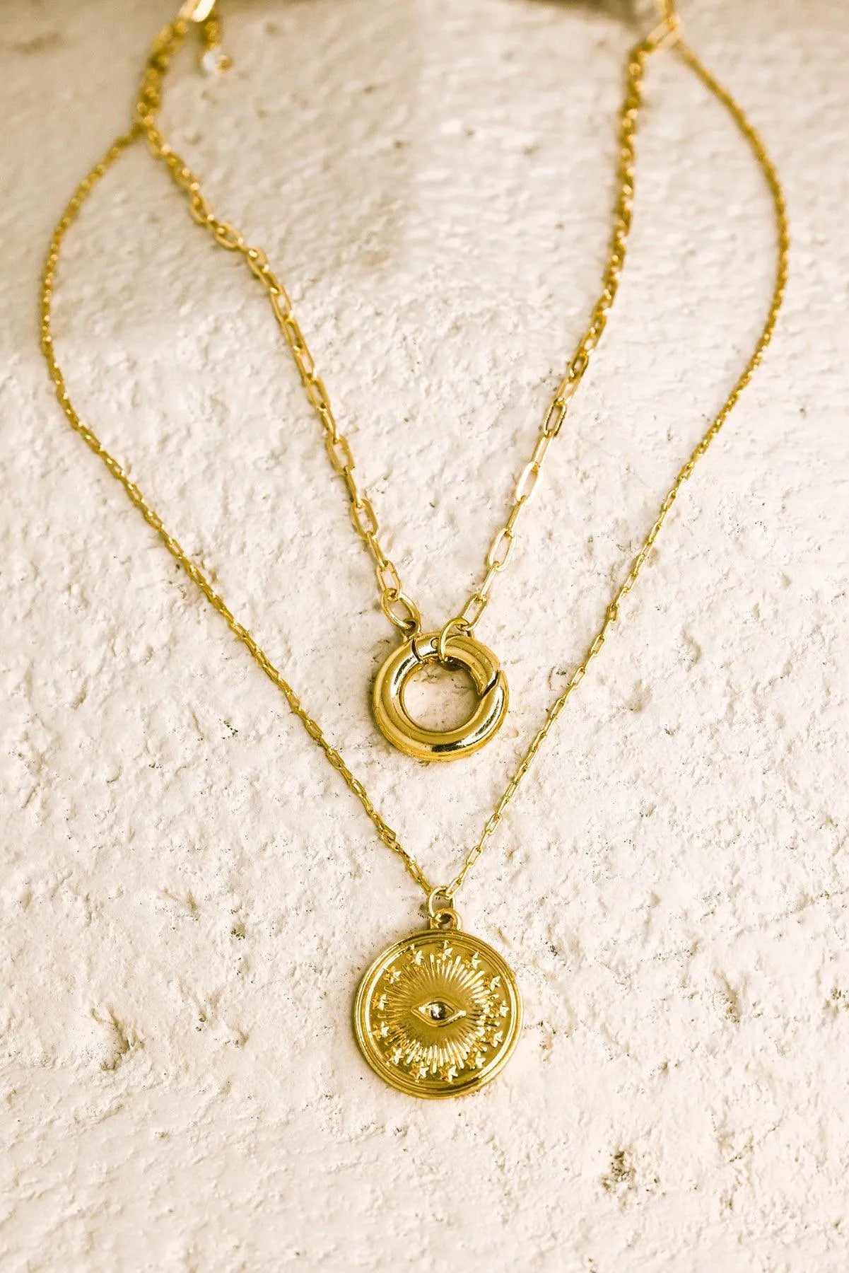 Gold Double Chin Evil Eye Coin Disc Pendant Necklace