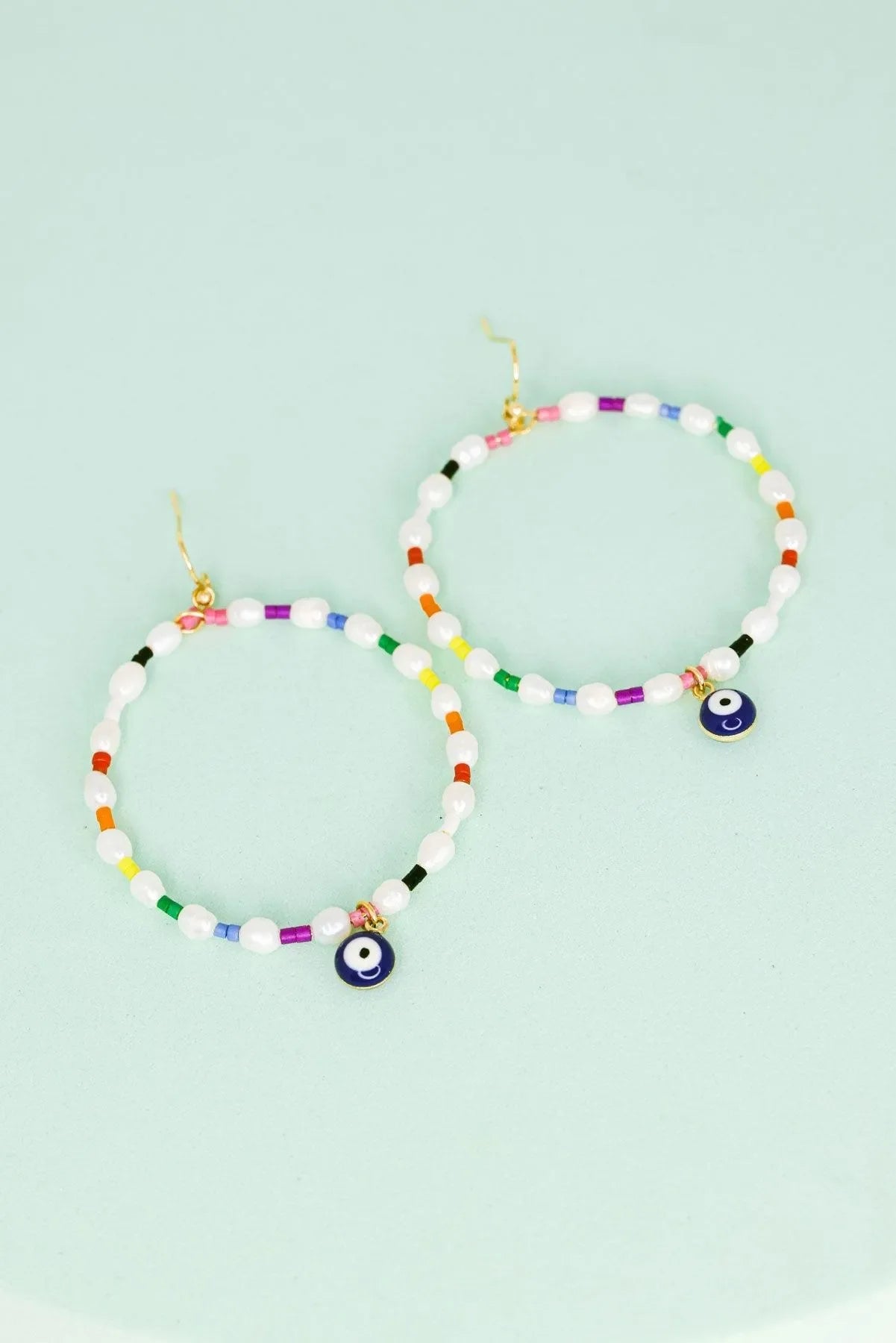 Evil Eye Stone Pearl with Seed Beads Metal Hoop Earrings