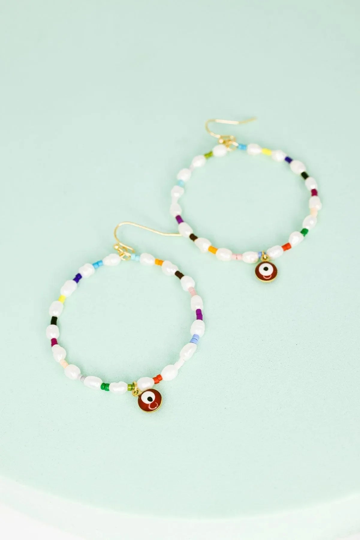 Evil Eye Stone Pearl with Seed Beads Metal Hoop Earrings