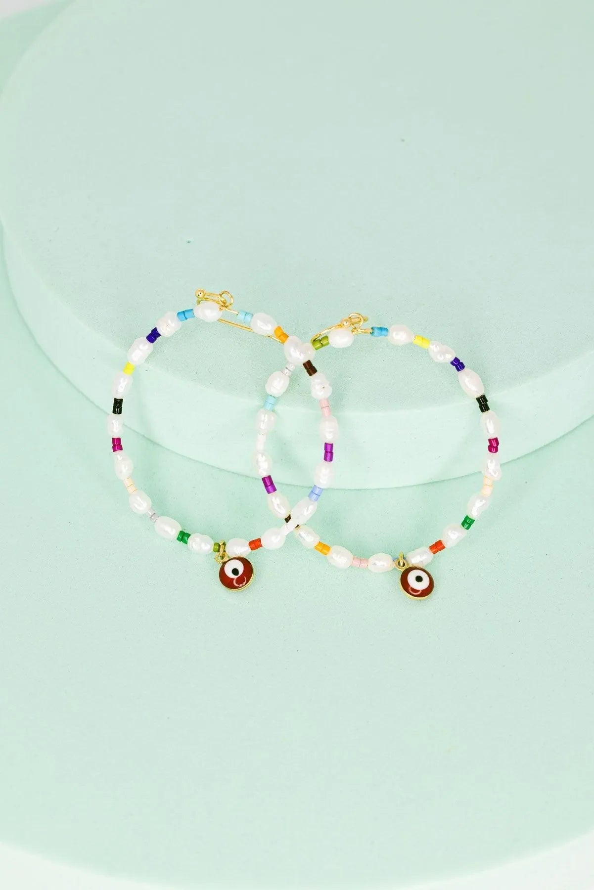 Evil Eye Stone Pearl with Seed Beads Metal Hoop Earrings