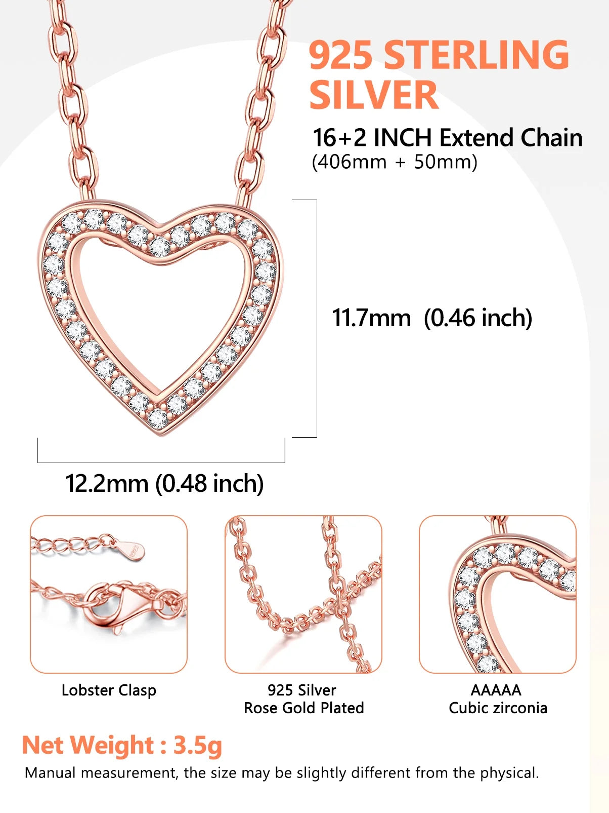 925 Sterling Silver Heart Necklace for Women Love Pendant Necklaces Hypoallergenic Simple Jewelry for Wife Mom Daughter - Rose Gold