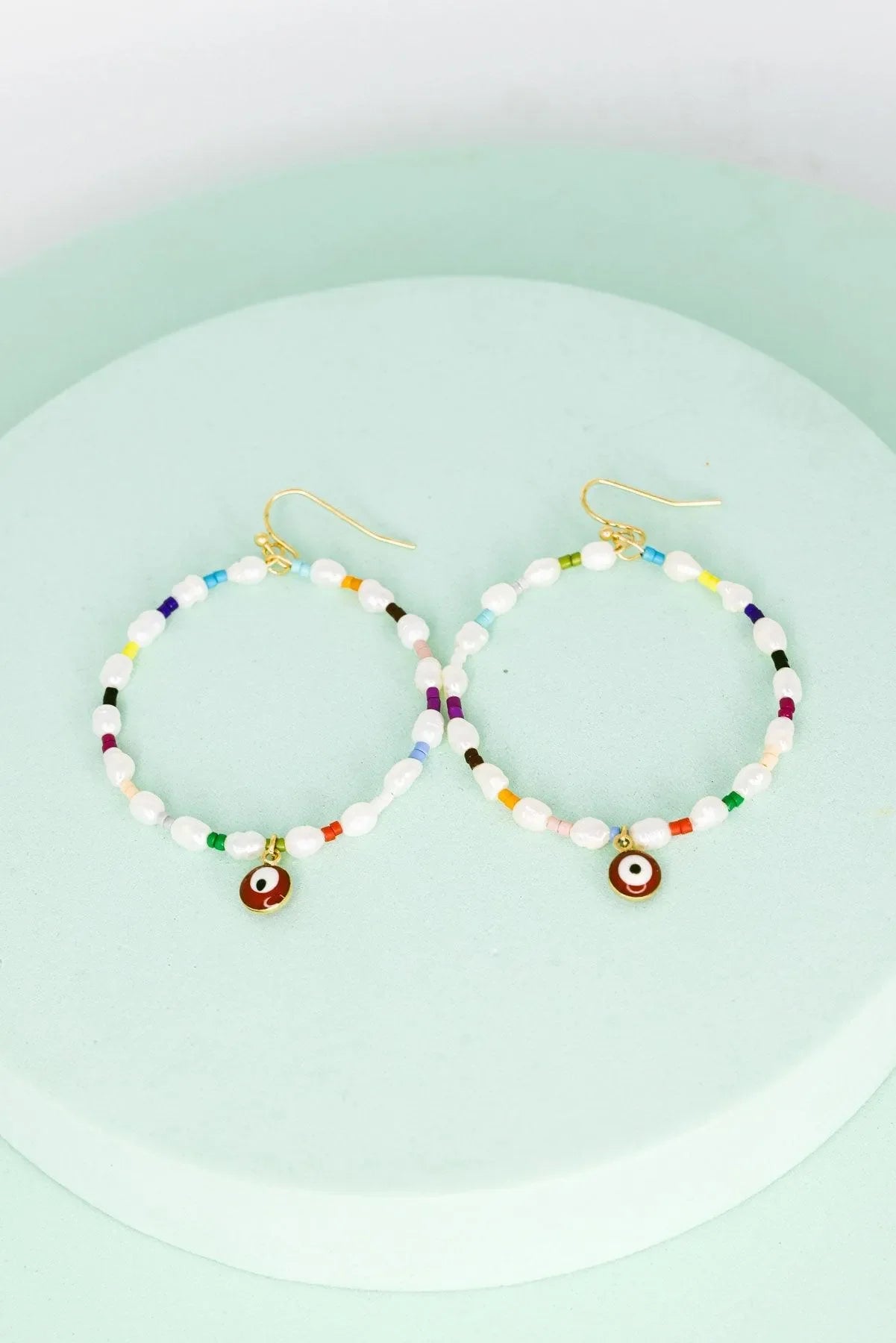 Evil Eye Stone Pearl with Seed Beads Metal Hoop Earrings