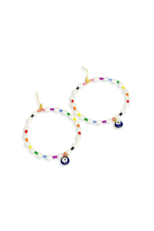 Evil Eye Stone Pearl with Seed Beads Metal Hoop Earrings