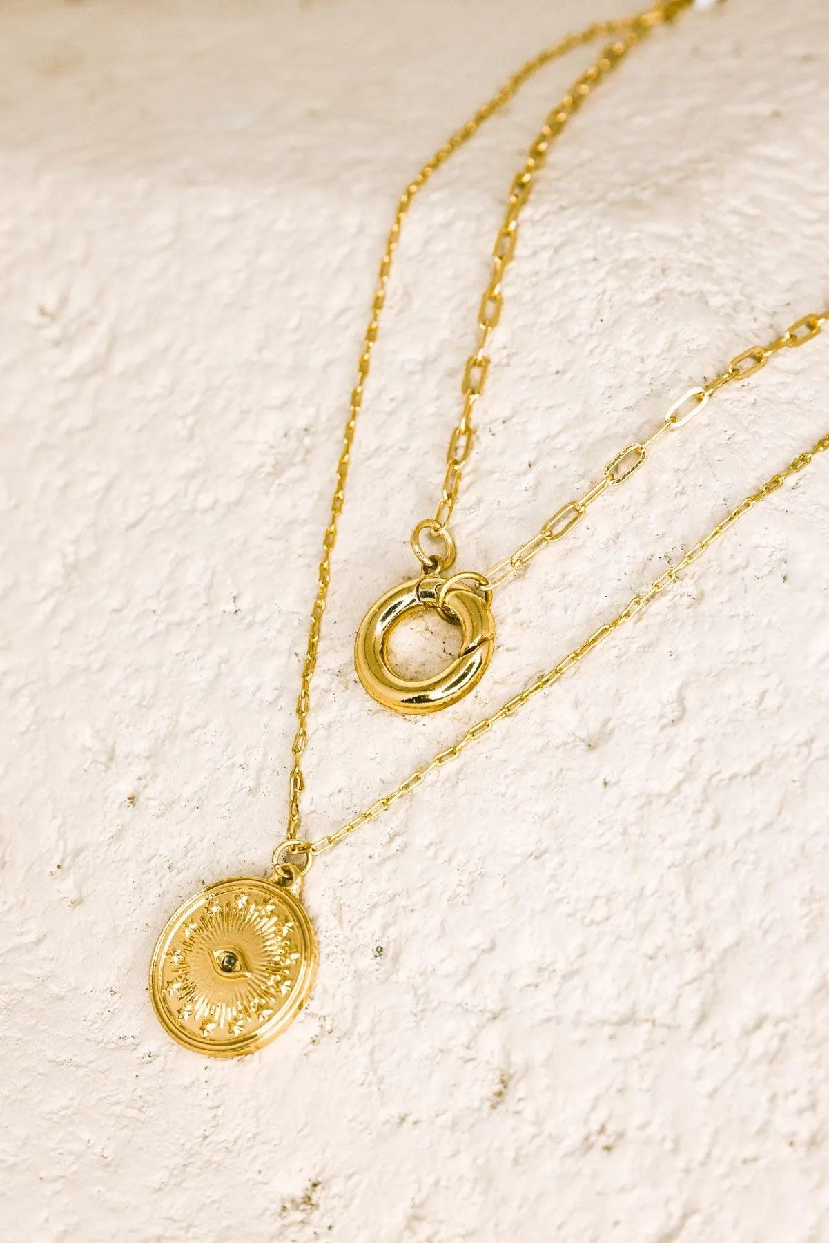 Gold Double Chin Evil Eye Coin Disc Pendant Necklace