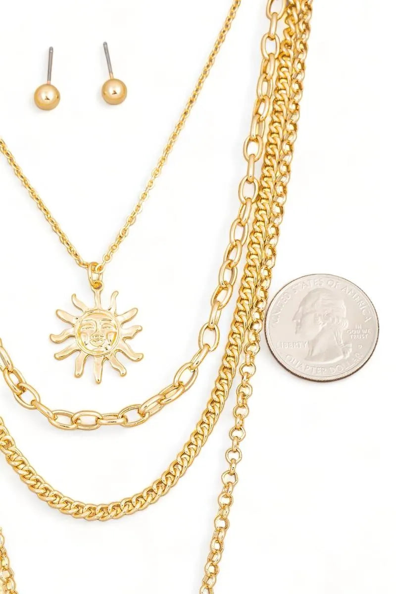 Layered Chain Sun Pendant Necklace & Ball Earring Set