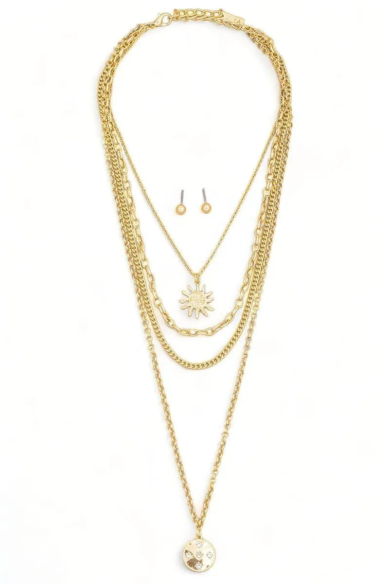 Layered Chain Sun Pendant Necklace & Ball Earring Set