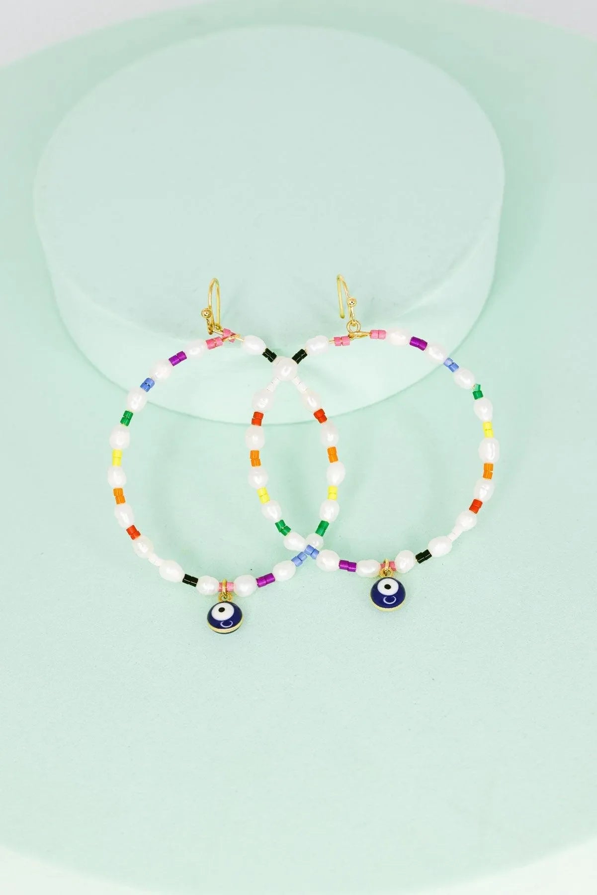 Evil Eye Stone Pearl with Seed Beads Metal Hoop Earrings
