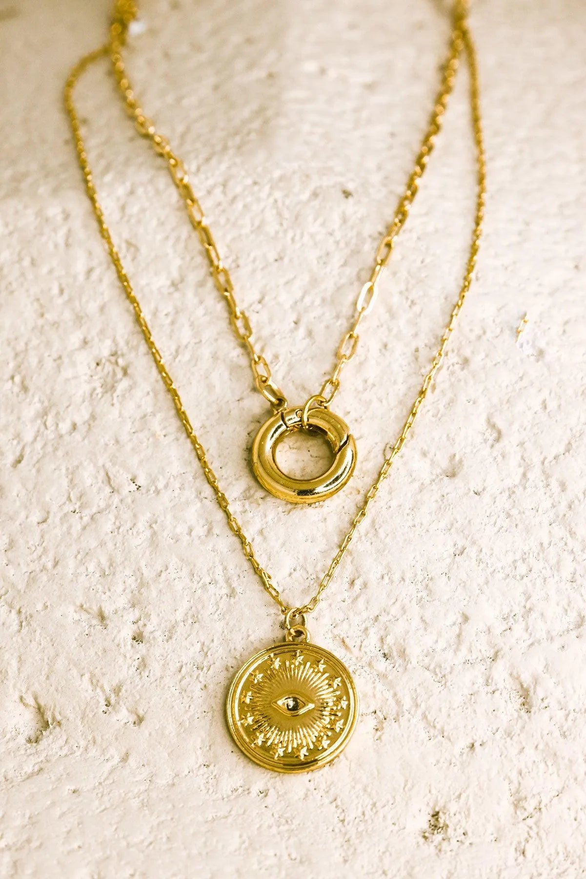 Gold Double Chin Evil Eye Coin Disc Pendant Necklace