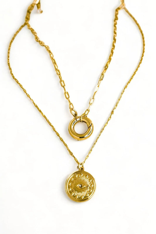 Gold Double Chin Evil Eye Coin Disc Pendant Necklace
