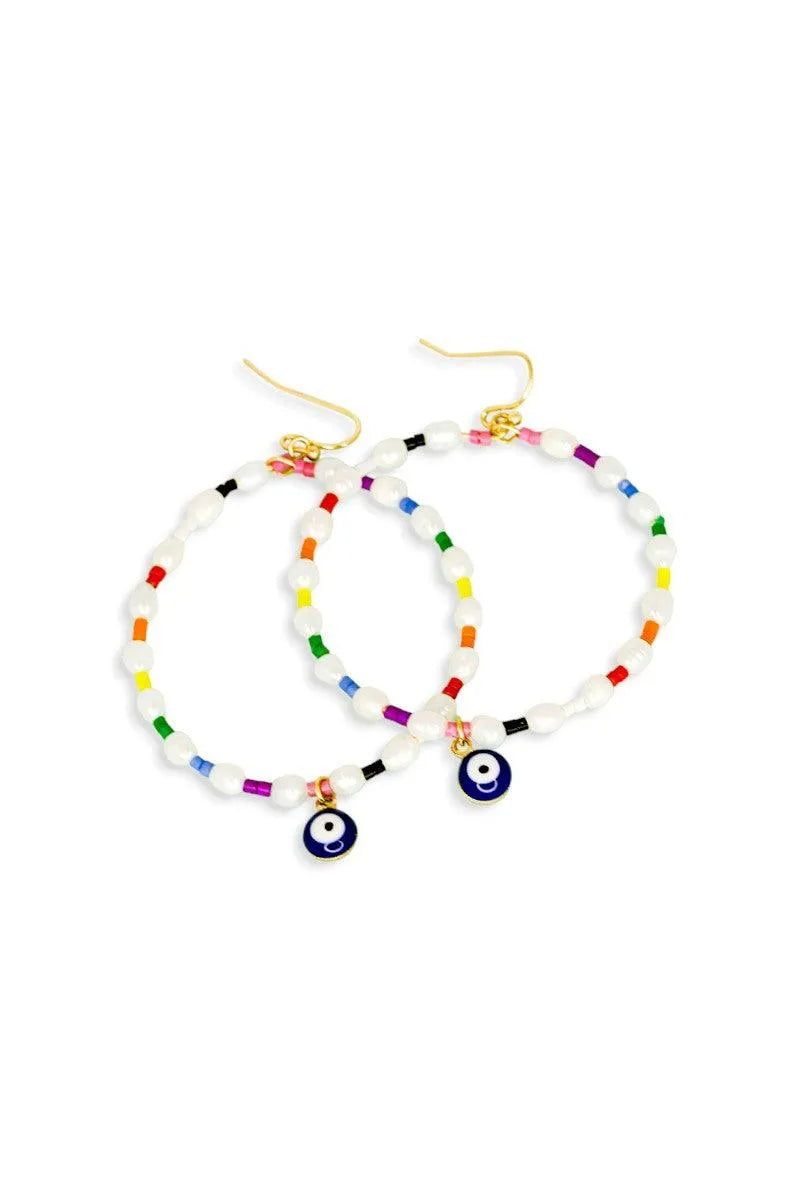 Evil Eye Stone Pearl with Seed Beads Metal Hoop Earrings