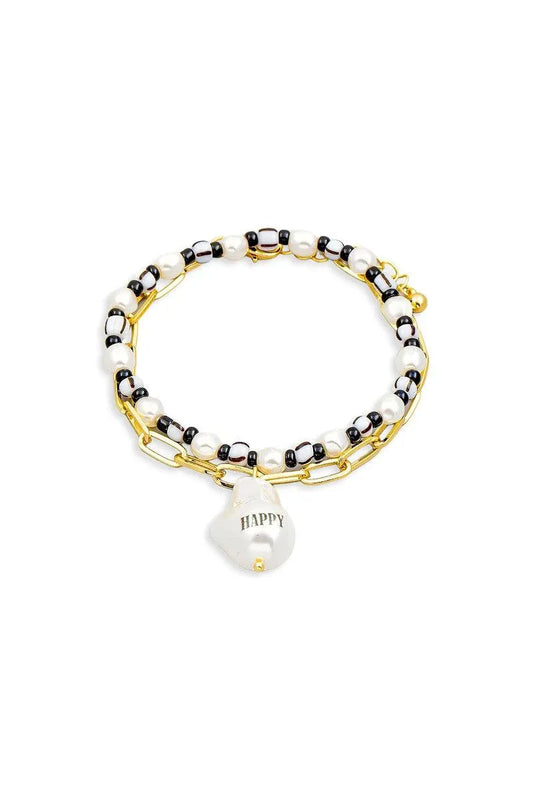Happy Acrylic Pearl Charm Beaded Bracelet Set