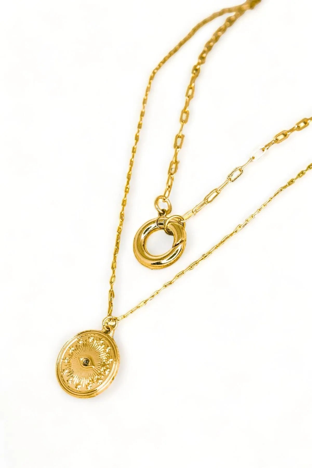 Gold Double Chin Evil Eye Coin Disc Pendant Necklace