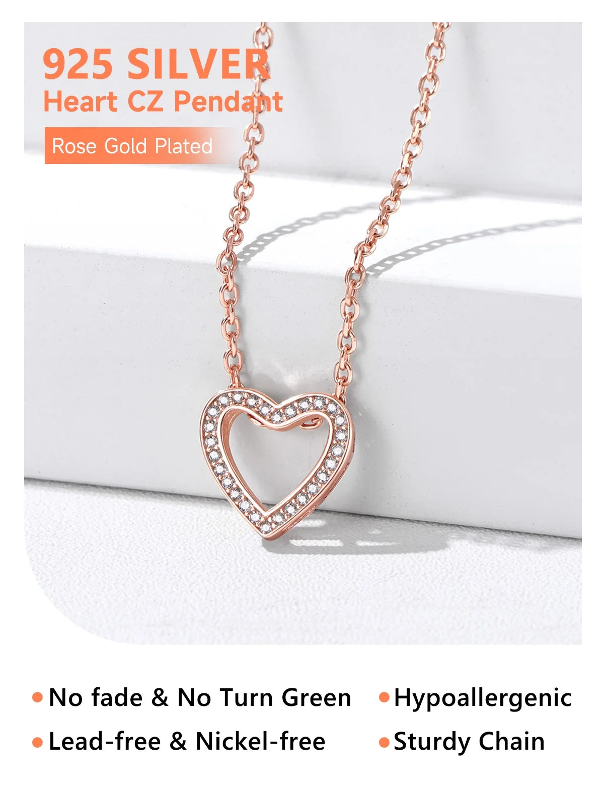 925 Sterling Silver Heart Necklace for Women Love Pendant Necklaces Hypoallergenic Simple Jewelry for Wife Mom Daughter - Rose Gold