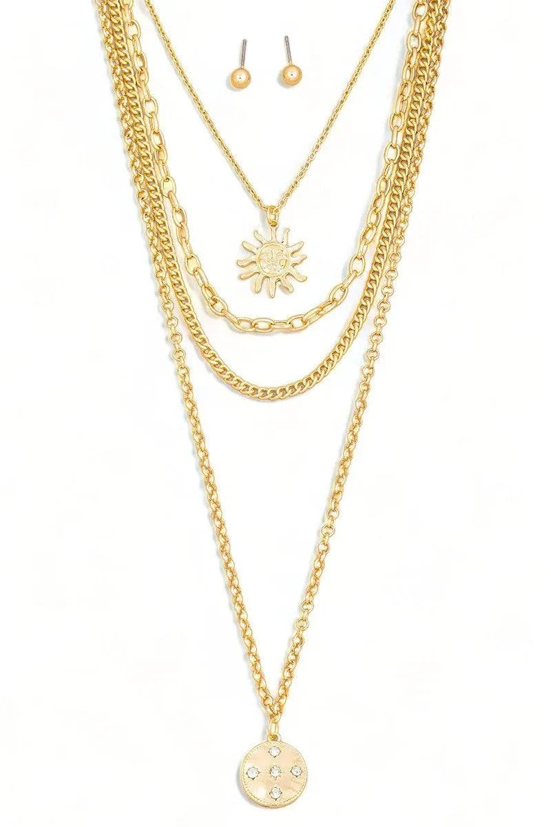 Layered Chain Sun Pendant Necklace & Ball Earring Set