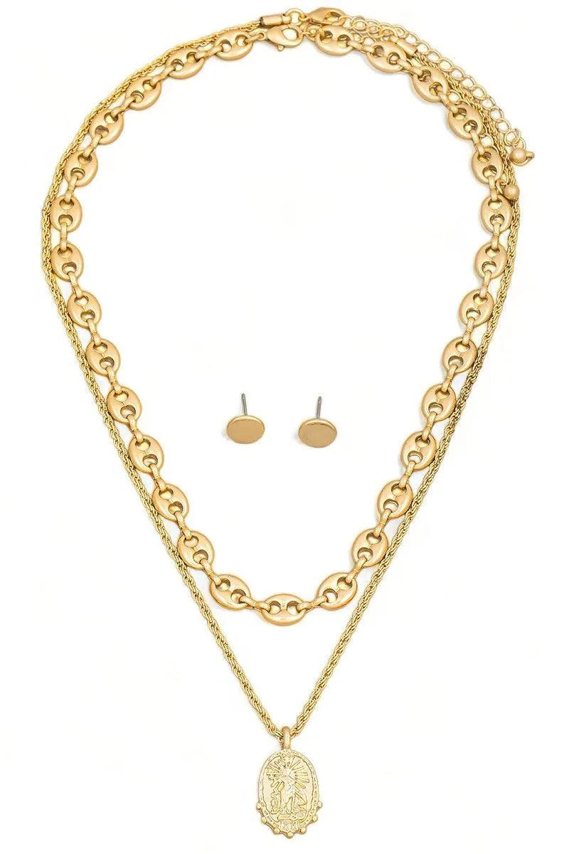 Layered Mariner Chain Pendant Necklace Stud Earring Set