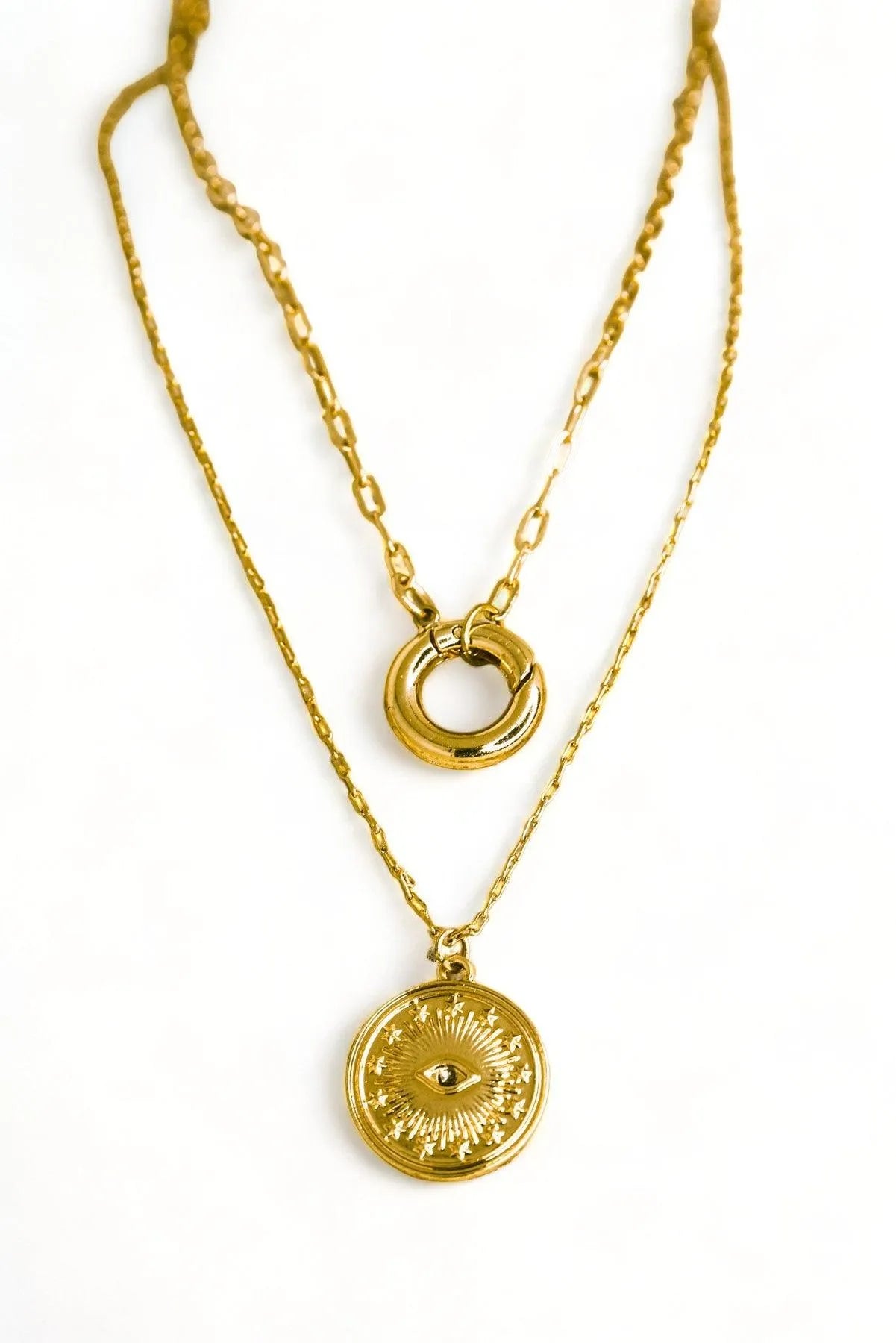 Gold Double Chin Evil Eye Coin Disc Pendant Necklace